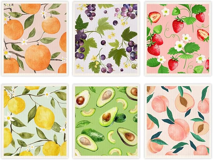 Mixed Fruit Swedish Kitchen Dishcloths Reusable Dish Towels Absorbent and Fast Dry Cleaning Cloths for Kitchen Cleaning Wipes 6 Pieces