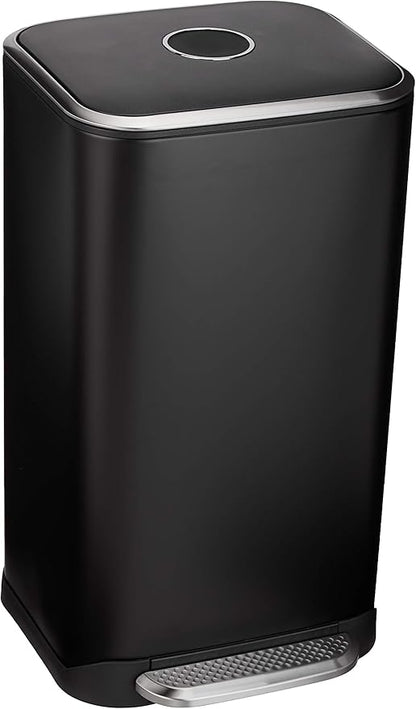 Amazon Basics Rectangular Metal Trash Can With Soft-Close Foot Pedal, Fingerprint Resistant, Removable Inner Bucket, 32 liter/8.5 gallon, Black, 14"L x 14"W x 25.3"H