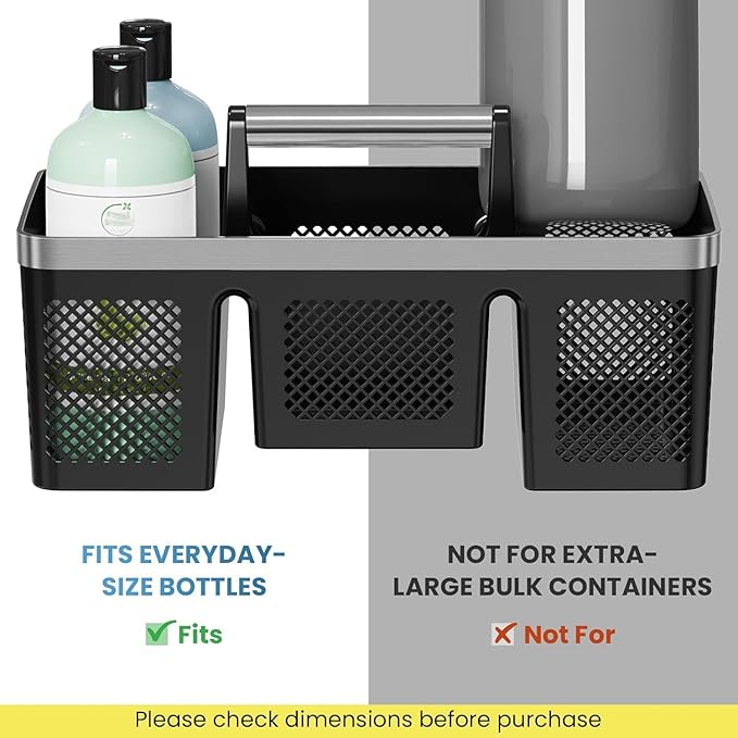 BYUNER Plastic Shower Caddy Dorm: Portable Cleaning & Shower Caddy with Handle, 4 Divided Compartments, All-Side Drainage, Rigid Plastic Basket Tote for College Dorm & Bathroom Use, Black/Silver