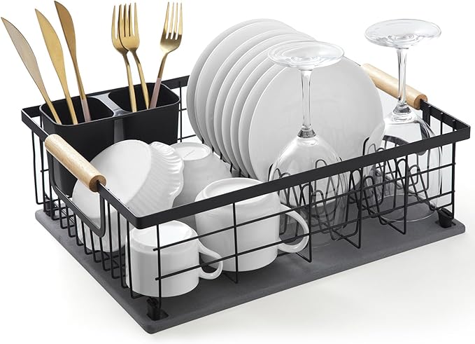 Dish Drying Rack with Stone Dish Drying Mat for Kitchen Counter, Dish Drainer with Diatomaceous Earth Quick Dry Mat, Organization and Storage Essentials with Cup & Cutlery Holders
