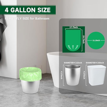 Biodegradable Small Trash Bags 4 Gallon, 105 Counts Unscented Bathroom Trash Bags, Easy Tearing Small Garbage Bags for Bathroom Bedroom Office, Green