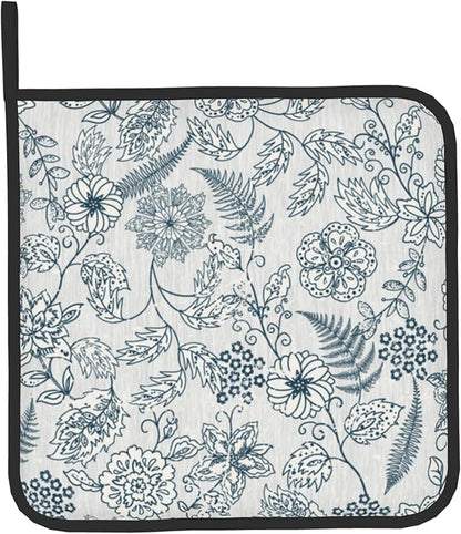 Blue Floral Oven Mitts Set – Vintage Pot Holders Kitchen Gloves for Women Teal Plant Kitchen Mitts Potholders Set of 2 for Cooking & Baking