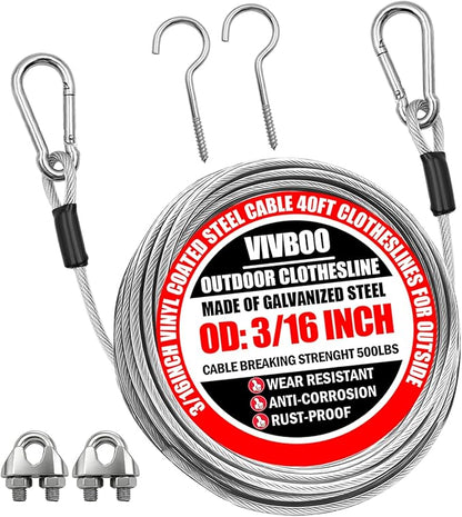 40ft Clothes Line Outdoors 3/16" Wire Ropes Silver PVC Coating Laundry Drying Clothesline with Metal Hooks and Snap Heavy Duty for Umbrella Travel Outside Camping Backyard