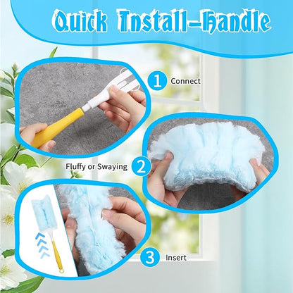 60 Count 360° Duster Refills, Disposable Heavy Duty Duster Refills Kit with 2 Handles, Microfiber Duster Feather Duster Electrostatic Lock-Dust System for Cleaning Furniture, Blinds, Electronics