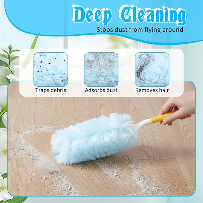 60 Count 360° Duster Refills, Disposable Heavy Duty Duster Refills Kit with 2 Handles, Microfiber Duster Feather Duster Electrostatic Lock-Dust System for Cleaning Furniture, Blinds, Electronics