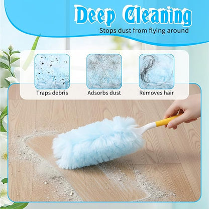 60 Count 360° Duster Refills, Disposable Heavy Duty Duster Refills Kit with 2 Handles, Microfiber Duster Feather Duster Electrostatic Lock-Dust System for Cleaning Furniture, Blinds, Electronics