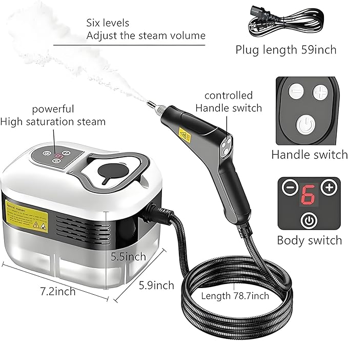Aless 2500W Handheld High-Temperature Pressurized Steam Cleaner, 6 Adjustable Levels Portable Steamer with 1200ml Tank, 10s Heat-Up for Kitchen, Grout, Sofa, Car Detailing,Power of Water Steam (White)