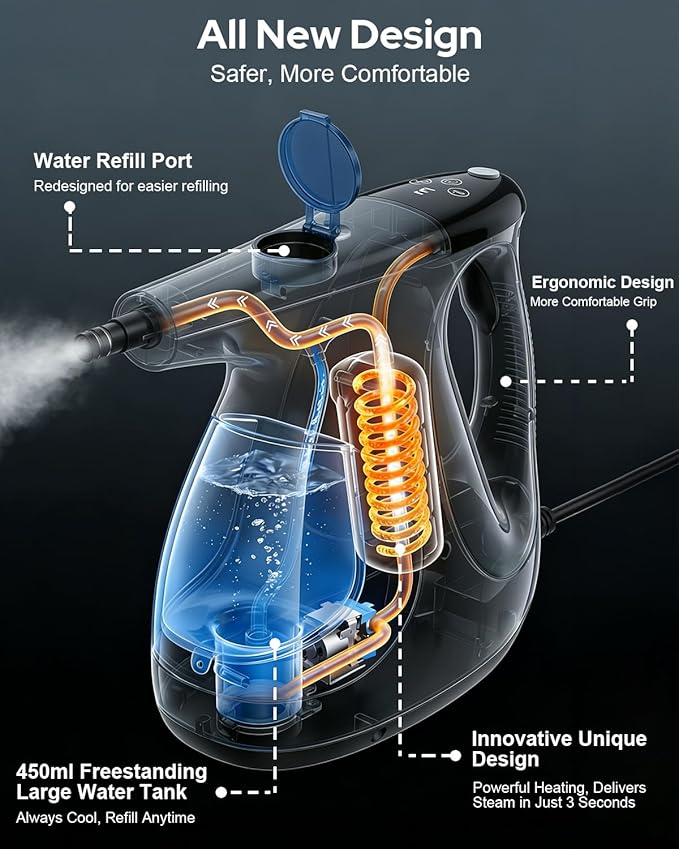 3s Instant Heat-up Handheld Steam Cleaner for Home, High-pressure Portable Steam Cleaner with 3-Level Control & Self-clean & Safety Lock for Furniture Couch Grout Kitchenware Cleaning