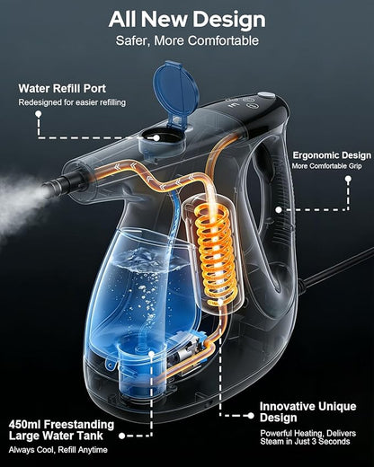 3s Instant Heat-up Handheld Steam Cleaner for Home, High-pressure Portable Steam Cleaner with 3-Level Control & Self-clean & Safety Lock for Furniture Couch Grout Kitchenware Cleaning