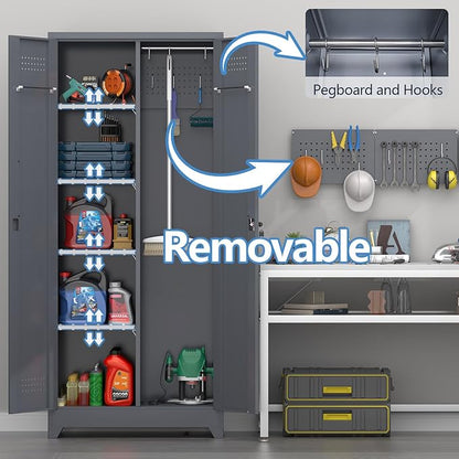 Metal Storage Cabinet with Lock,72" Garage Storage Cabinets with Hanging Rod & S-Hooks,Large Storage Cabinet with Shelves,Locking Tool Utility Closet for Home,Garage,Utility Room,Dark Grey