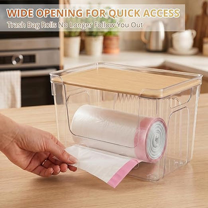 CANTAMI 2 Pack Trash Bag Dispenser with Lid, Plastic Stackable Trash Bag Holder, Clear Organizer Bins for Kitchen, Laundry Room, Under Sink Organization and Storage