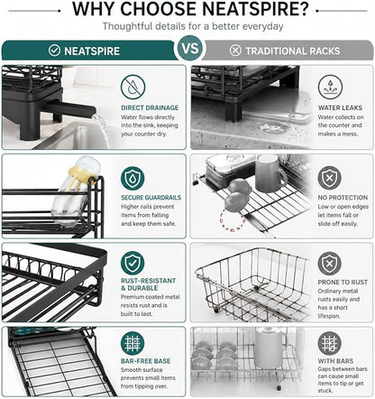 Premium Expandable Dish Drying Rack with Drainboard – 2-in-1 Large Capacity Countertop & Over-Sink Dish Rack, Rust-Resistant Metal
