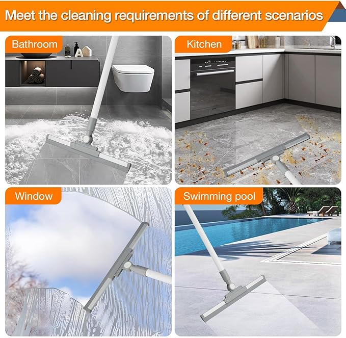 Floor Squeegee for Concrete Floor, Squeegee Broom, Magic Air Broom with 52'' Long Handle and 20'' Rubber Rotating Head for Shower Glass Doors, Bathroom Tile, Pet Hair, Window and Glass