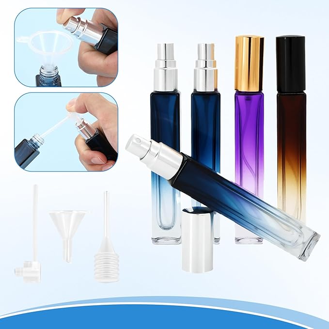 MVVM Refillable Mini Perfume Travel Bottle Set, 5PCS 10ML Glass Mini Perfume Travel Refillable Bottle, Carry On Approved Portable Atomizer Sprayer For Perfumes Kit with Funnel