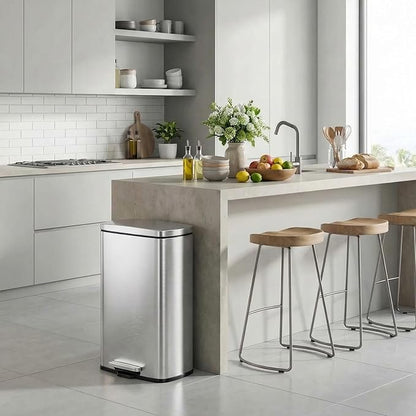 13.2 Gal Kitchen Trash Can, 50L Recycling or Garbage Bin, Brushed Stainless Steel Waste Basket, Soft&Quiet Close Dustbin, with Step-On Pedal, Removable Inner Bucket, for Home, Office, Living Room
