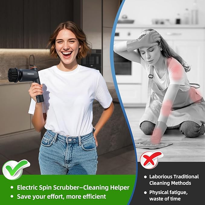 Electric Spin Scrubber,Cordless Shower Scrubber with LCD Display,2 Speeds Electric Scrubber with 6 Replaceable Heads,Handheld Cleaning Brush for Kitchen/Bathroom/Tile/Tub(Gray-Black)