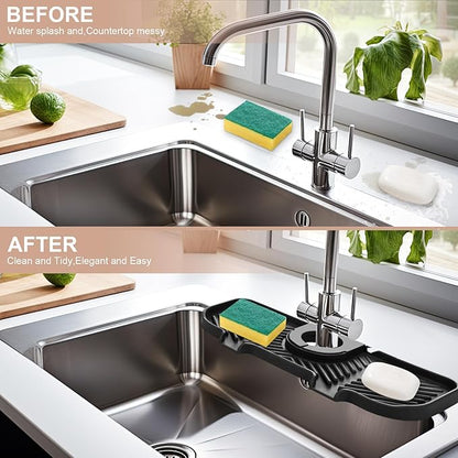Teenyyou 2 Pcs Silicone Faucet Splash Guard 10.6 ” x 4.3” Kitchen Sink Splash Guard Faucet Mat for Kitchen Mat Catcher Black and Grey Sink Accessories for Bathroom