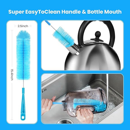 5 Pack Bottle Brush, Straw Cleaner Brush & Water Bottle Brush,15in Stainless Steel Brush, 3 Straw Brushes, 3-in-1 Bottle Cleaning Brush for Water Bottle, Coffee Mugs, Straws-Blue
