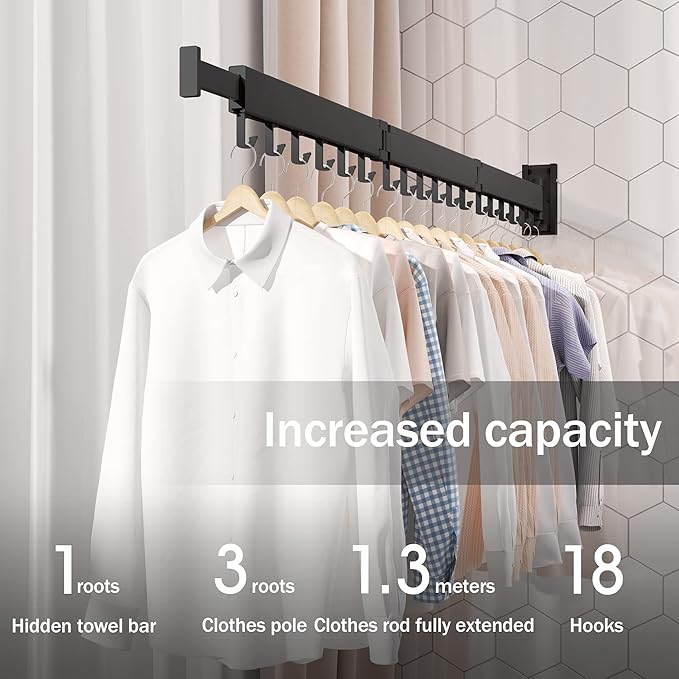 LIENAHU Clothes Drying Rack Wall Mounted,Drying Rack Clothing,Laundry Drying Rack,Wall Mount Clothes Hanger Rack,Laundry Rack Folding,Retractable Clothing Rack,Collapsible Clothes Hanging Rack