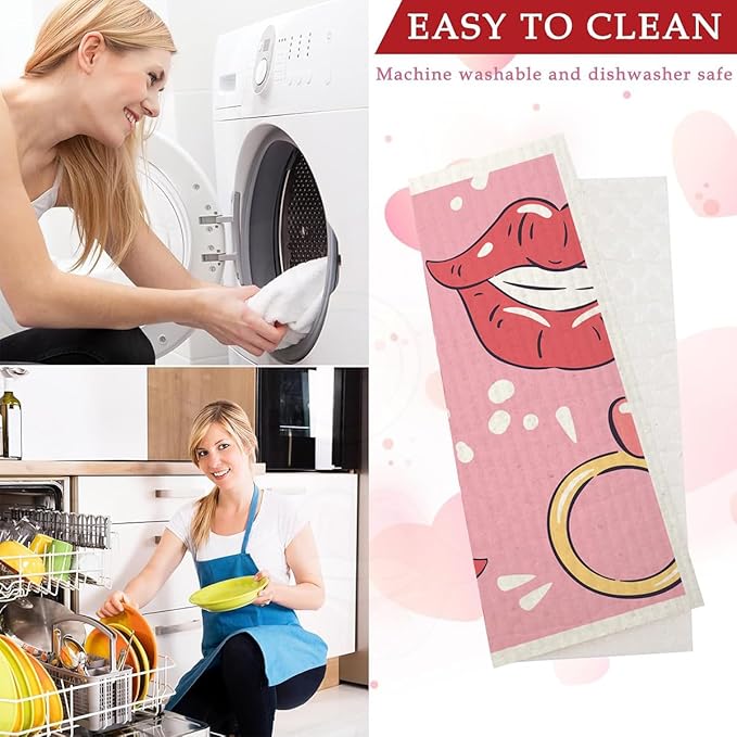 Swedish Dishcloths for Kitchen | 6 Pack Floral Reusable Paper Towels Washable | Swedish Dish Towels | Non-Scratch Cellulose Sponge Cloths | No Odor, Biodegradable Cleaning Cloths, Valentine's Day 3