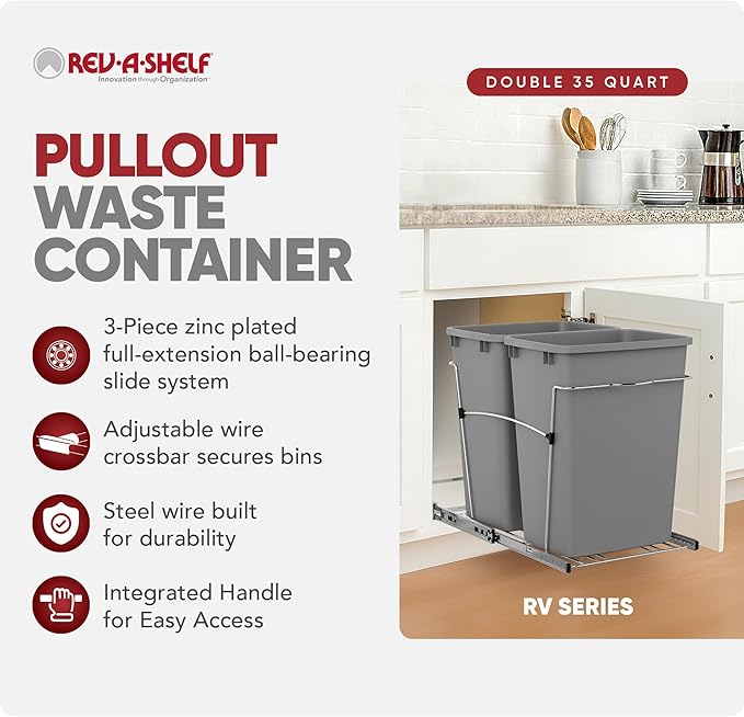 Rev-A-Shelf Double 35 Qt Pullout Trash Can for Base Kitchen Cabinets, Garbage Waste Bin System with Full-Extension Slides, Min Opening Width of 14.5", Silver, RV-18KD-17C S