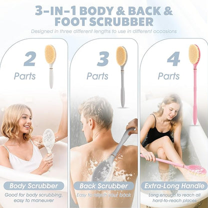 Foot Brush & Back Scrubber Set, 27.5'' Adjustable Foot Scrubber for Shower, 18.9'' Shower Back Scrubber with 3-Length Usage, Great Aid for People with Limited Mobility(White Set)