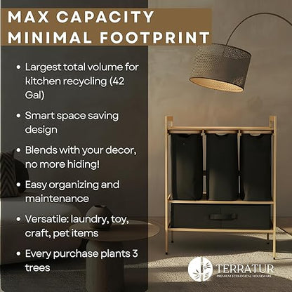 4 Section Recycling Bin for Kitchen – Dual Trash and Recycle Bins for Paper, Plastic, Cans – Indoor Bamboo Recycling Organizer – Decorative Wooden Recycle Bins for Kitchen & Office