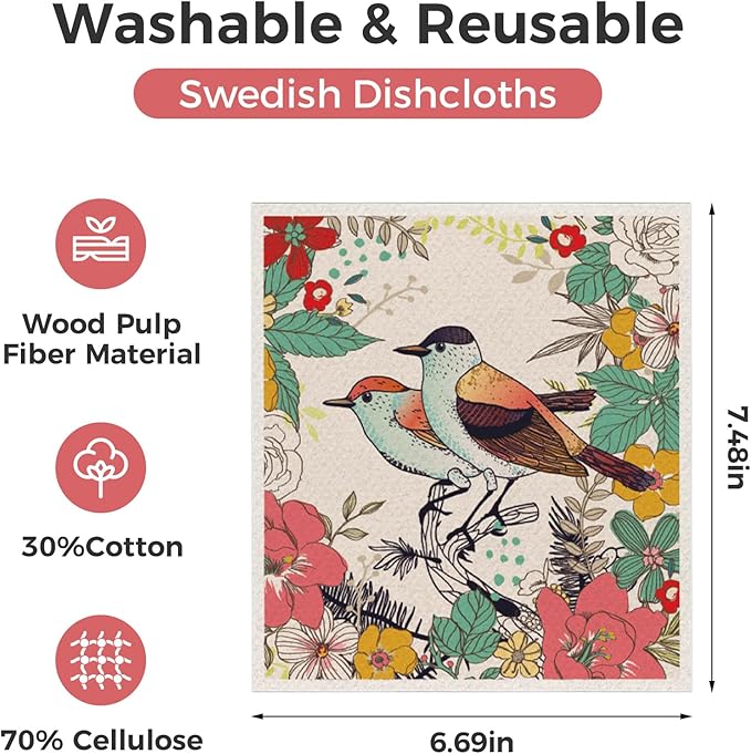 wlich 10PCS Swedish Dishcloths for Kitchen, Reusable Dish Rags for Washing Dishes with Clips, Non-Scratch Kitchen Towels and Dishcloths Sets, Washable Swedish Dish Cloths, No Odor(Birds Flowers)
