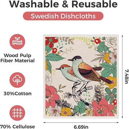 wlich 10PCS Swedish Dishcloths for Kitchen, Reusable Dish Rags for Washing Dishes with Clips, Non-Scratch Kitchen Towels and Dishcloths Sets, Washable Swedish Dish Cloths, No Odor(Birds Flowers)