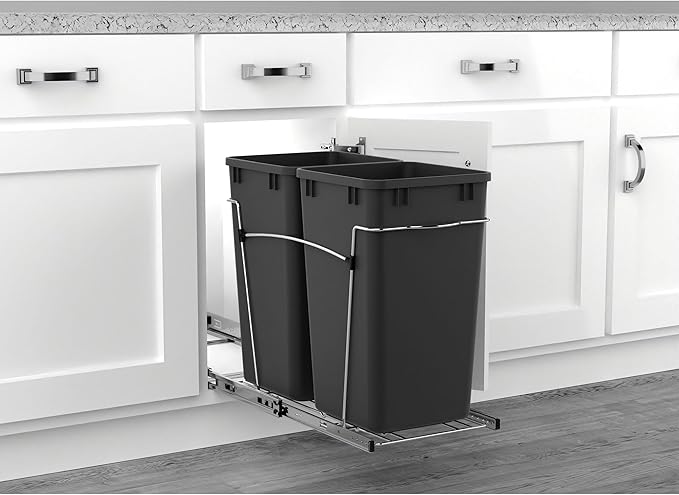 Rev-A-Shelf Double 27 Qt Pullout Trash Can for Base Kitchen Cabinets, Garbage Waste Bin System with Full Extension Slides, Min Opening Width of 11.5", Black, RV-15KD-18C S
