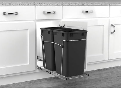 Rev-A-Shelf Double 27 Qt Pullout Trash Can for Base Kitchen Cabinets, Garbage Waste Bin System with Full Extension Slides, Min Opening Width of 11.5", Black, RV-15KD-18C S