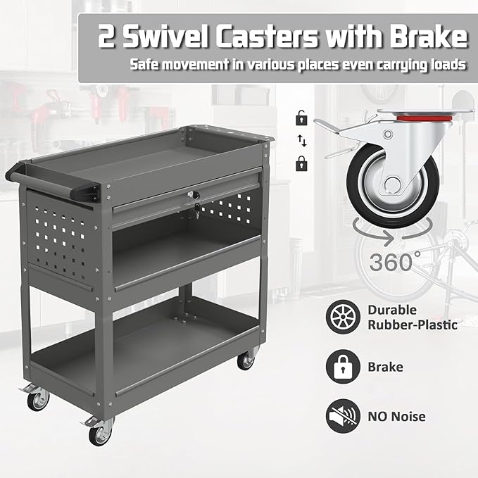 3 Tray Rolling Tool Cart with Drawers, 400 LBS Capacity Mechanic Tool Cart on Wheels, Heavy Duty Utility Cart with Pegboard, Metal Work Cart for Garage and Repair Shop, Grey