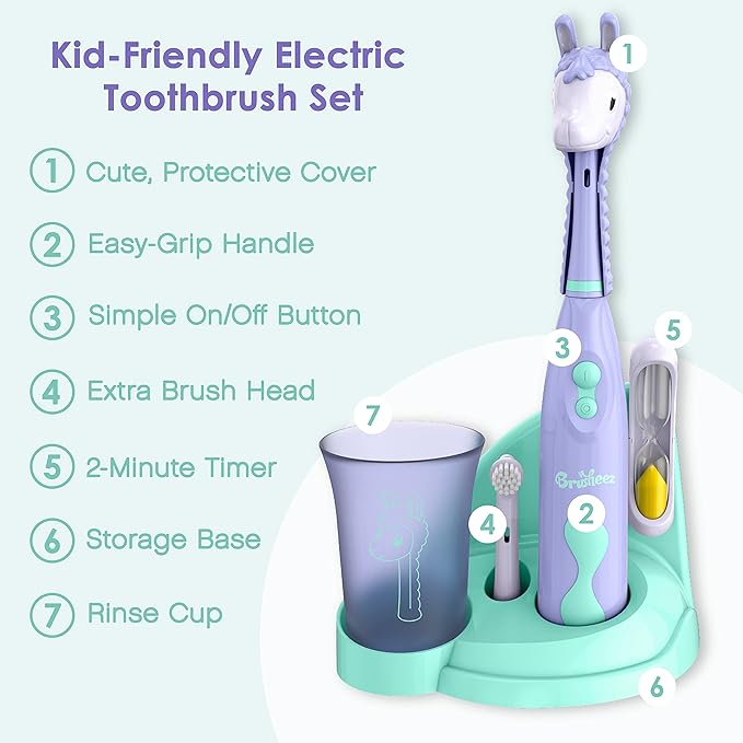 Brusheez Kids’ Electric Toothbrush Set - Safe & Effective for Ages 3+ - Parent Tested & Approved with Gentle Bristles, 2 Brush Heads, Rinse Cup, 2-Minute Timer, & Storage Base (Luna the Llama)