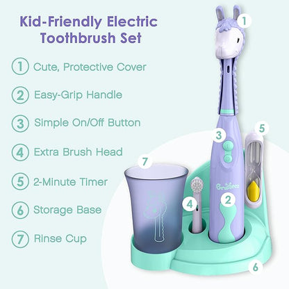 Brusheez Kids’ Electric Toothbrush Set - Safe & Effective for Ages 3+ - Parent Tested & Approved with Gentle Bristles, 2 Brush Heads, Rinse Cup, 2-Minute Timer, & Storage Base (Luna the Llama)