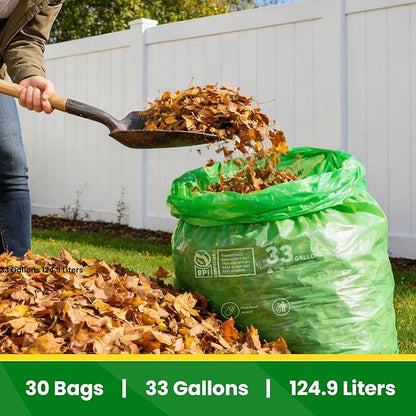 30-33 Gallon Compostable Trash Bags Liners Flat-Top, Heavy Duty Extra Thick 1.28 Mil, 124.92 Liter, 30 Bags, Lawn, Yard, and Restaurant Use, ASTM D6400, US BPI Certified