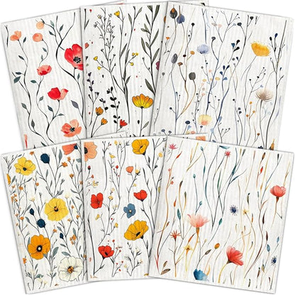 Swedish Dishcloths for Kitchen – 6 Pack Cellulose Reusable Cleaning Paper Towels – Soft, Quick-Drying, Washable Dish Rags for Kitchen, Counters & More (Wildflowers)