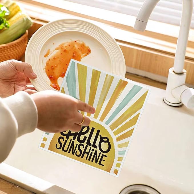 Bee Hello Sunshine Cute Swedish Dishcloths for Kitchen, 4 Pack Summer Gifts Swedish Dish Cloths Towels for Kitchen Bathroom Office Housewarming Gifts, Papaya Reusable Paper Towels Washable