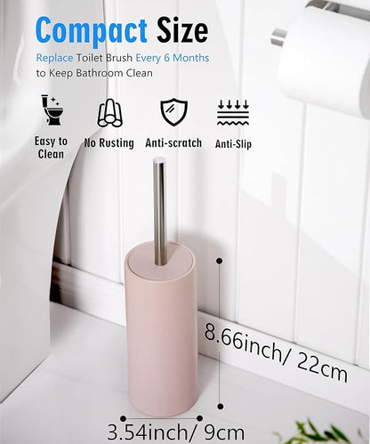 Matt Pink Ceramic Toilet Brush and Holder Set, Freestanding Toilet Bowl Cleaners Brush, Scrubber Brush for Toilet, Bathroom Accessories with Stainless Handle, Deep Cleaning