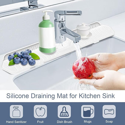 Faucet Guard - 90 Foldable Draining Mat for Kitchen Sink with 2 Drain Ports, White, 24"*5.66"