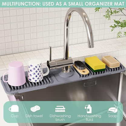 24 Inch Silicone Faucet Mat for Kitchen Sink Splash Guard - 7° Slope Water Draining Mat With Fasten Button for Bathroom Area (Dark Grey, 24''x5.5'')