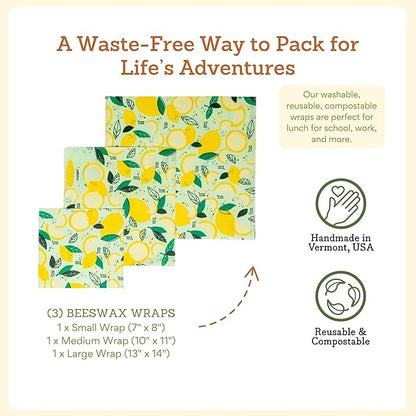Bee's Wrap - Limited Edition - Beeswax Wraps for Food - 3 Pack of Assorted Beeswax Wraps - Small, Medium & Large Wrap - Plastic Free Made in USA Reusable Natural Food Wrap - Fresh Squeeze Print