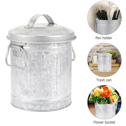 Zerodeko Desktop Stationery Bucket Small Trash Bin with Lid 7.28X5.70X5.70In Mini Wastebasket for Office and Home Desk Organizer Plant Holder Convenient Metal Rubbish can