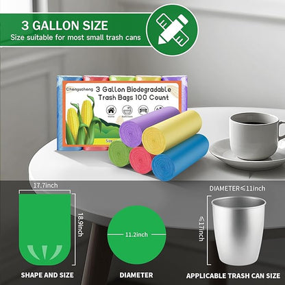 3 Gallon Bathroom Trash Bags - Mini Small Garbage Bags Colorful 100 Count 12 Liter Mini Waste Basket Liners For Kitchen Office Car Biodegradable Unscented Strong Thick