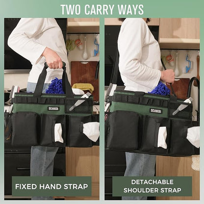 SCAVATA Wearable Cleaning Caddy Bag, Cleaning Caddy Supplies Organizer with Handle & Shoulder Straps for Housekeepers, Under Sink & Car Cleaning Tool Organizers with 4 Foldable Divider (TreeGreen)