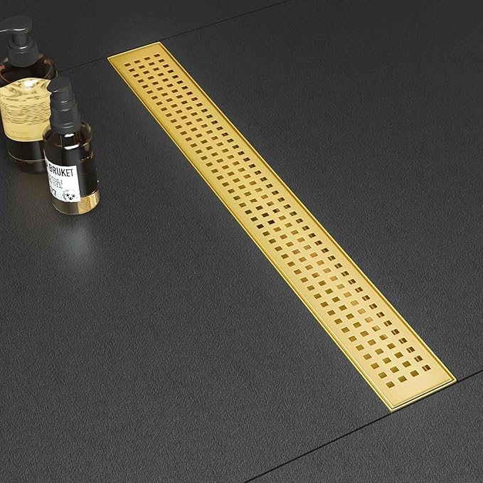 SaniteModar Gold Linear Shower Drain, Gold Shower Drain 18 inch with Removable Grate,Brushed 304 Stainless Steel Linear Drain with Hair Strainer and Leveling Feet