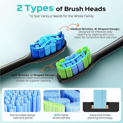 COSLUS C30 Electric Toothbrush for Adults & Kids: 3 Intensities & 5 Modes for Effective Yet Gentle Ultra-Clean Feel, 2 Types of Head for Gentle & Daily Care, Travel Home Use, Black & Green, 2PCS