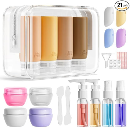Muslish 21 Pack Travel Bottles for Toiletries, Leak-Proof TSA Compliant Silicone Travel Size Containers for Shampoo and Conditioner, BPA Free with Toiletry Bag (Apricot)