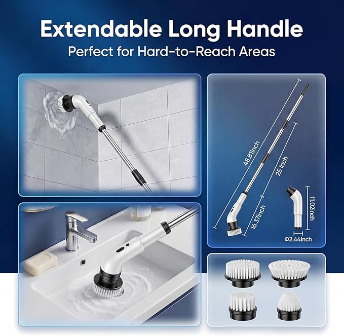 Electric Spin Scrubber, Cordless Power Scrubber for Bathroom/Shower/Tub/Tile & Grout, 9 Brush Heads, Dual-Speed, Adjustable Extension Handle, IPX7 Waterproof, USB-C Rechargeable Cleaning Tool (White)