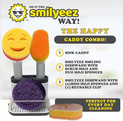 Smilyeez Caddy Combo, Sink Caddy, Smiling Handle, 2 Scrub Moji Sponges, Dishwand with 2 Mini Moji Sponges (White/Grey Wands)