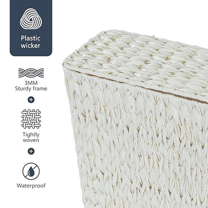 Coeusy Wicker Trash Can with Lid and Liner,Boho Decotative Small Bathroom Trash Cans,Waterproof Slim Waste Basket for Bedroom,Home Office,3 Gallon Cream White